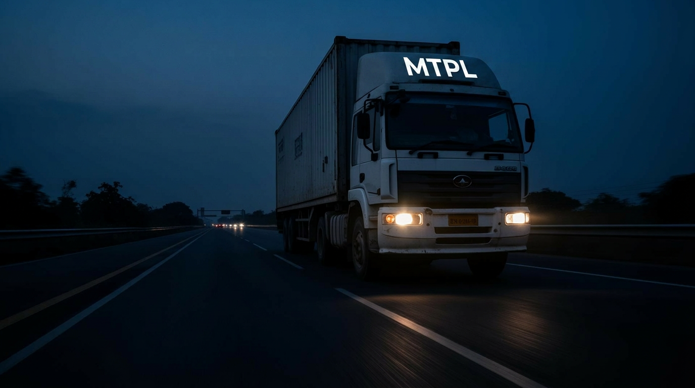 Container truck driving on Indian highway at night